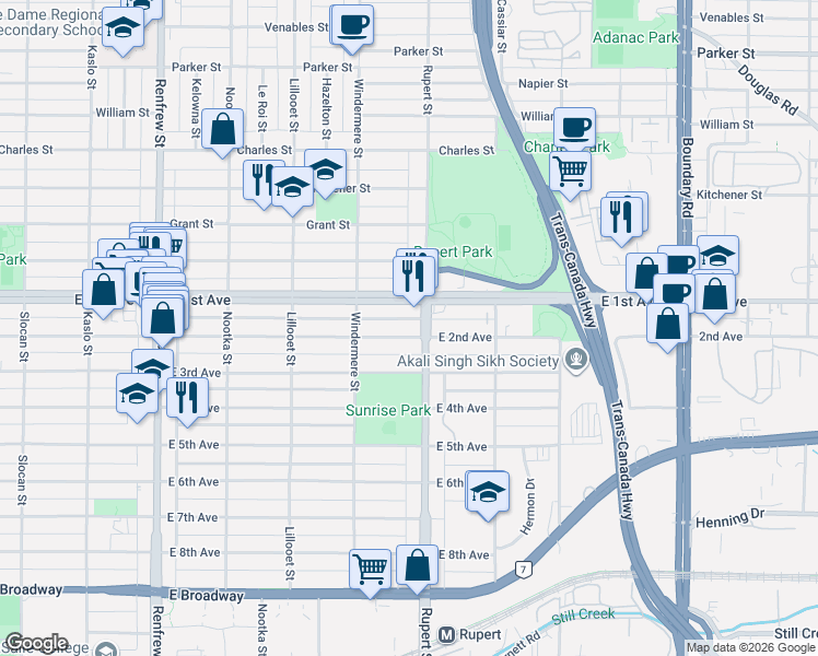 map of restaurants, bars, coffee shops, grocery stores, and more near in Vancouver