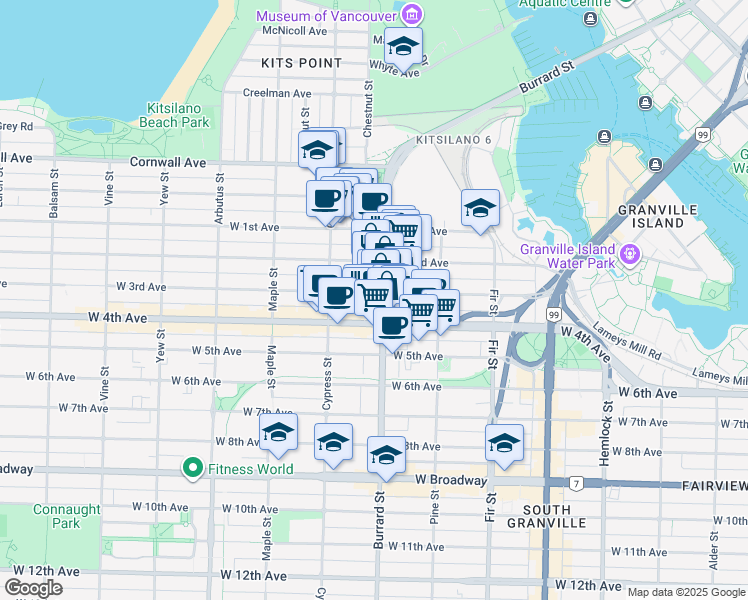 map of restaurants, bars, coffee shops, grocery stores, and more near 1808 West 3rd Avenue in Vancouver