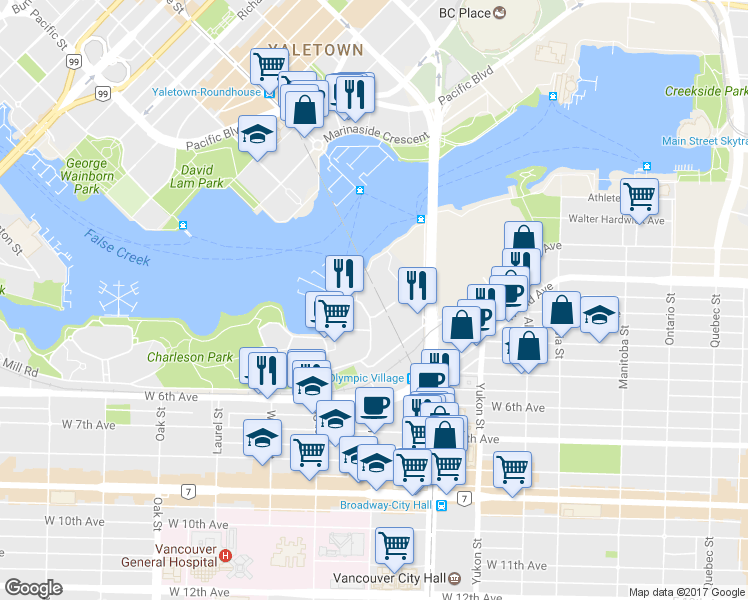 map of restaurants, bars, coffee shops, grocery stores, and more near 525 Wheelhouse Square in Vancouver