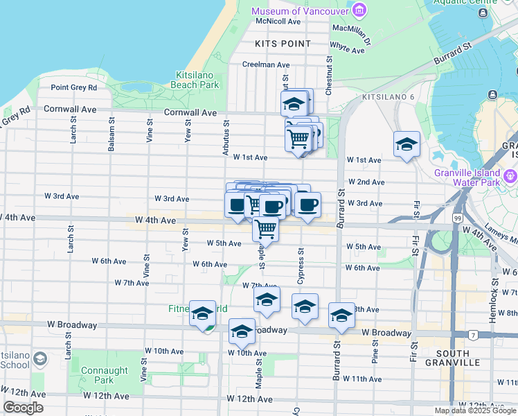 map of restaurants, bars, coffee shops, grocery stores, and more near 1965 West 4th Avenue in Vancouver