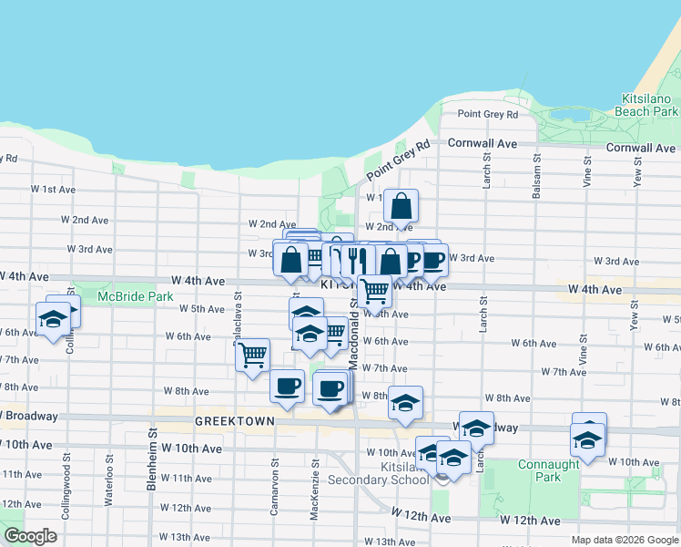 map of restaurants, bars, coffee shops, grocery stores, and more near in Vancouver