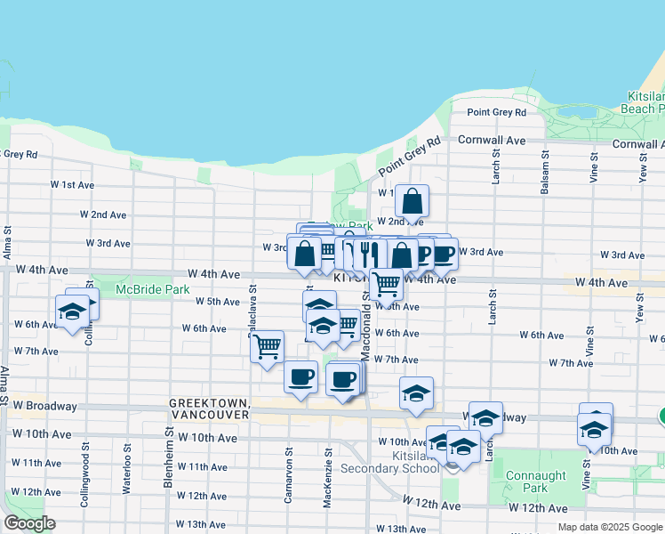 map of restaurants, bars, coffee shops, grocery stores, and more near in Vancouver