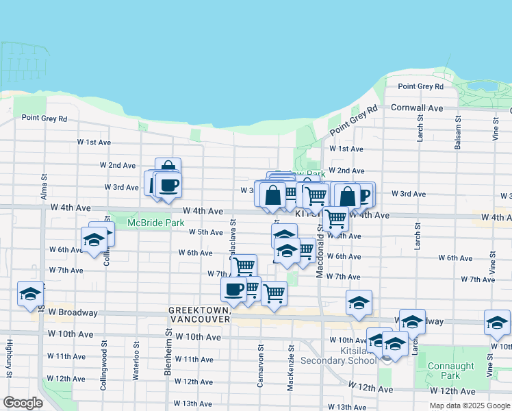 map of restaurants, bars, coffee shops, grocery stores, and more near in Vancouver