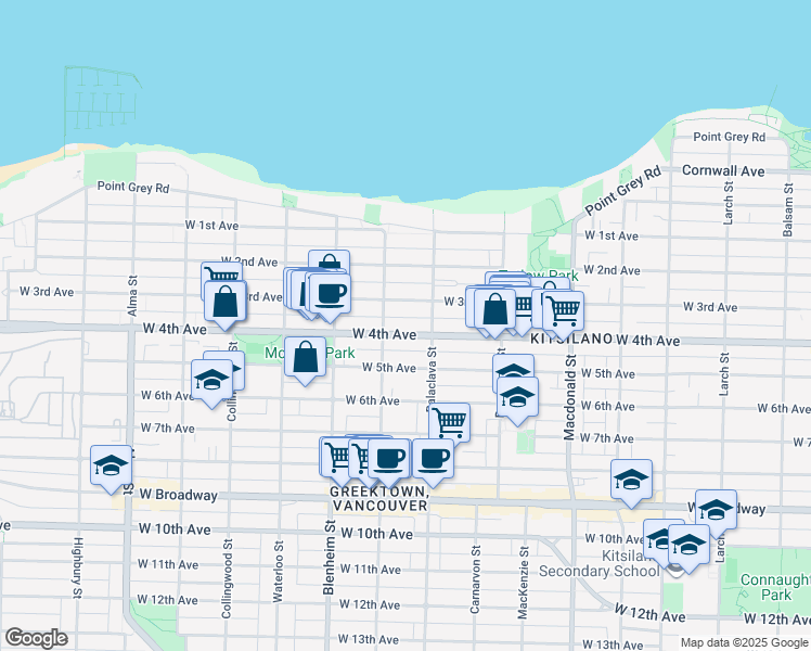 map of restaurants, bars, coffee shops, grocery stores, and more near in Vancouver