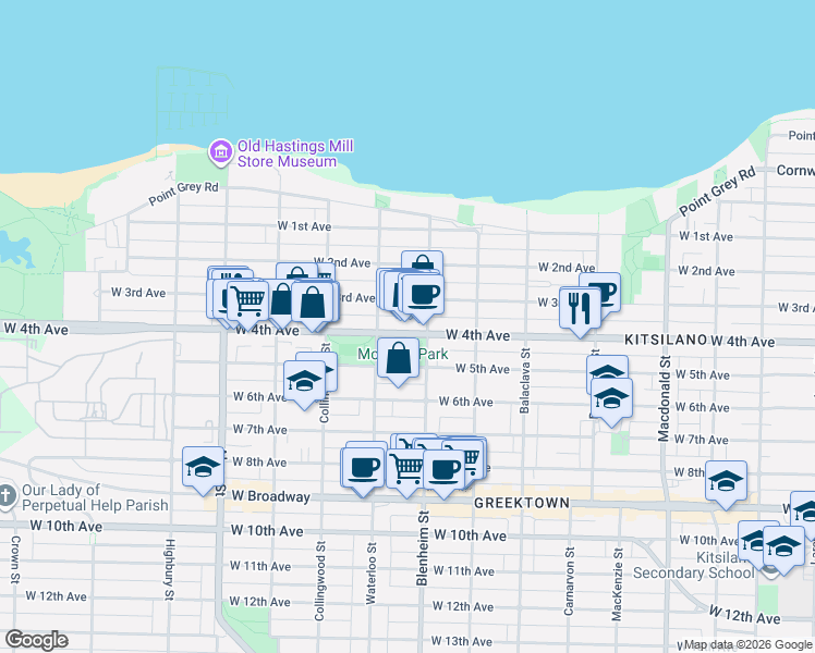 map of restaurants, bars, coffee shops, grocery stores, and more near 3333 West 4th Avenue in Vancouver