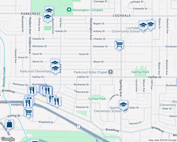 map of restaurants, bars, coffee shops, grocery stores, and more near 6460 Lochdale Street in Burnaby