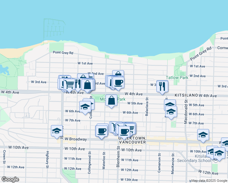 map of restaurants, bars, coffee shops, grocery stores, and more near 3333 West 4th Avenue in Vancouver