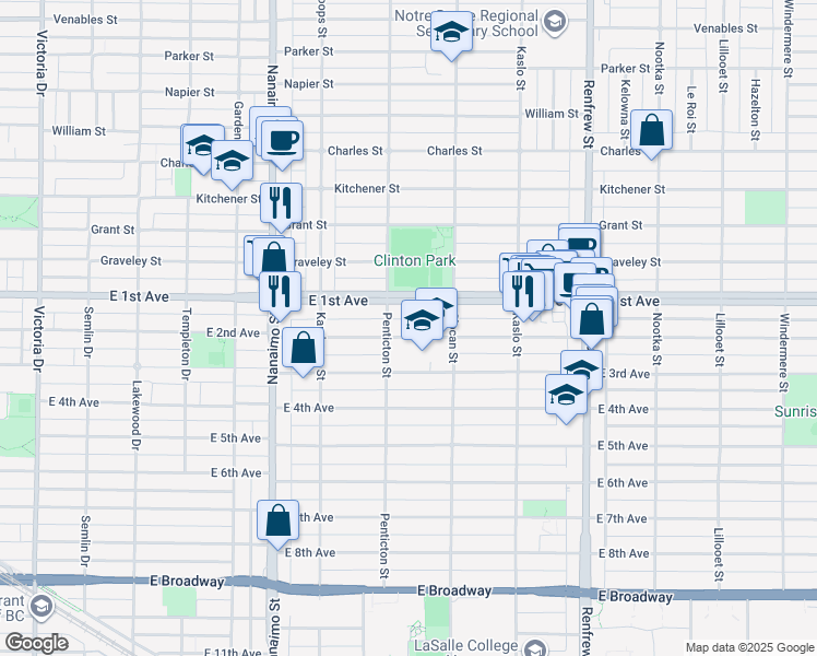 map of restaurants, bars, coffee shops, grocery stores, and more near 2633 East 2nd Avenue in Vancouver