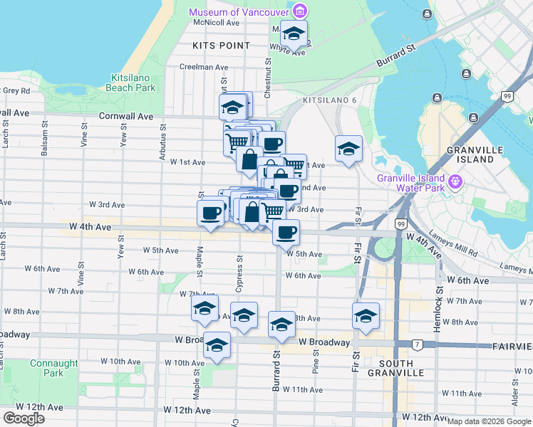 map of restaurants, bars, coffee shops, grocery stores, and more near 1820 West 3rd Avenue in Vancouver