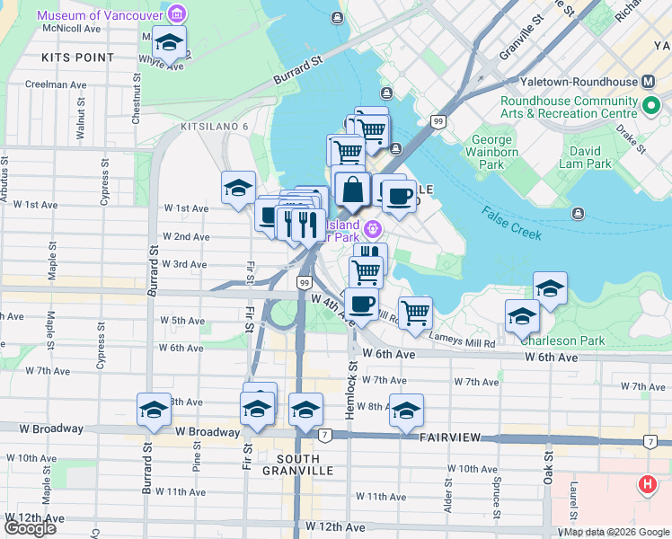 map of restaurants, bars, coffee shops, grocery stores, and more near 1477 Fountain Way in Vancouver