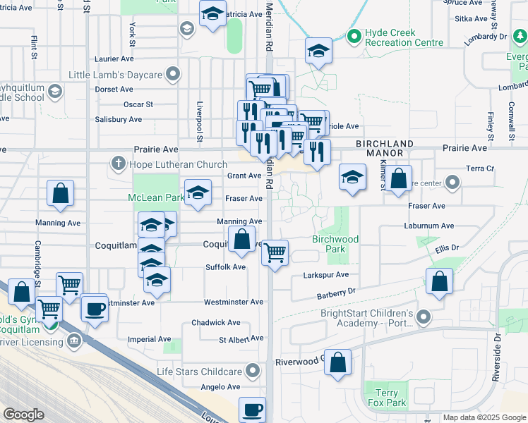 map of restaurants, bars, coffee shops, grocery stores, and more near 3073 Coast Meridian Road in Port Coquitlam