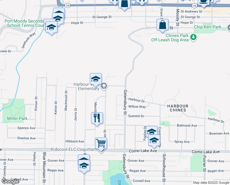 map of restaurants, bars, coffee shops, grocery stores, and more near 1209 Ridge Court in Coquitlam