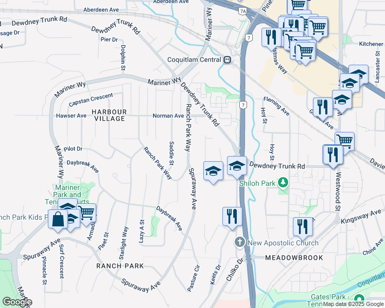 map of restaurants, bars, coffee shops, grocery stores, and more near 973 Ranch Park Way in Coquitlam