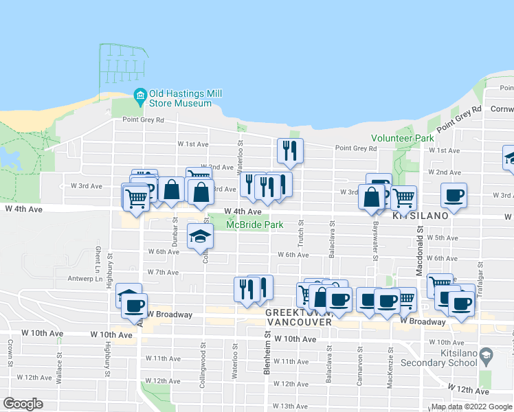 map of restaurants, bars, coffee shops, grocery stores, and more near 3335 West 4th Avenue in Vancouver