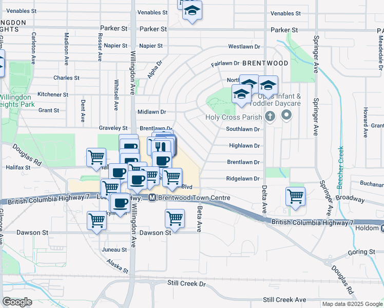 map of restaurants, bars, coffee shops, grocery stores, and more near 4648 Brentlawn Drive in Burnaby