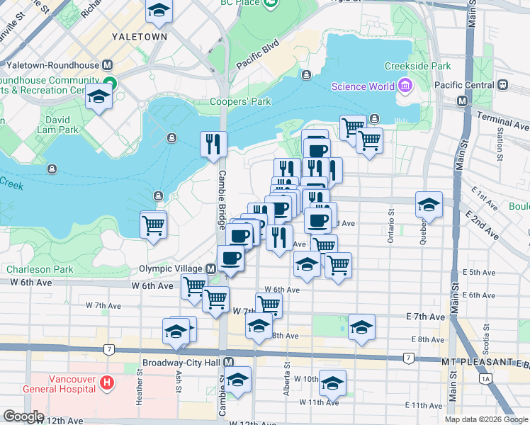 map of restaurants, bars, coffee shops, grocery stores, and more near 1833 Crowe Street in Vancouver