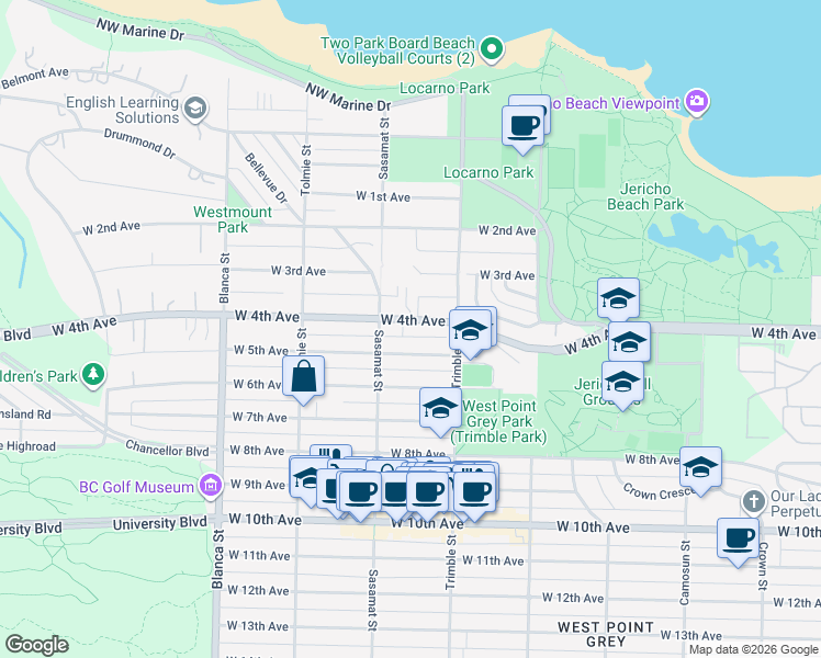 map of restaurants, bars, coffee shops, grocery stores, and more near 4454 West 4th Avenue in Vancouver