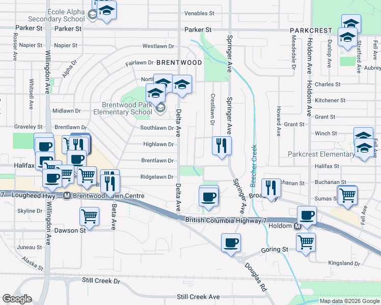 map of restaurants, bars, coffee shops, grocery stores, and more near 1743 Taralawn Court in Burnaby