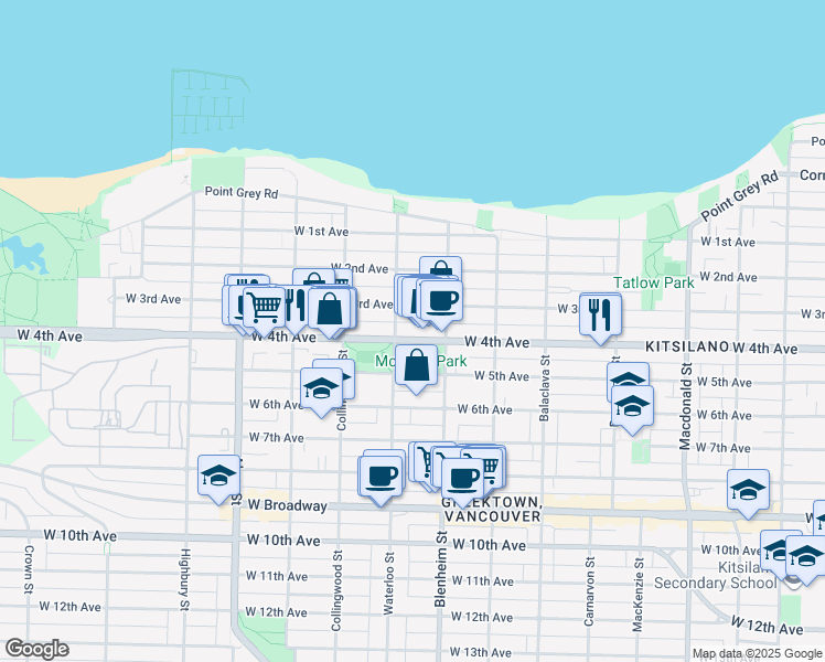 map of restaurants, bars, coffee shops, grocery stores, and more near 3335 West 4th Avenue in Vancouver