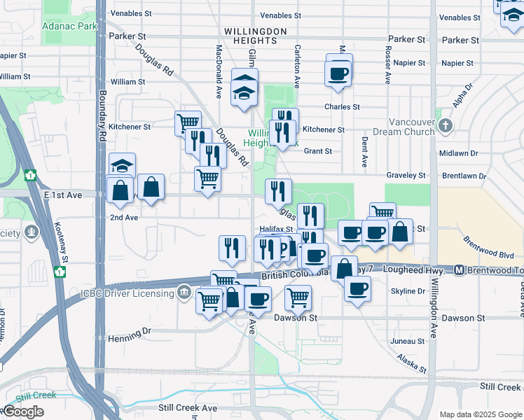 map of restaurants, bars, coffee shops, grocery stores, and more near 1728 Gilmore Avenue in Burnaby