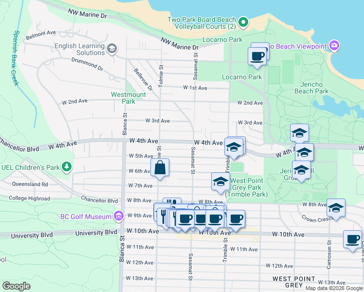 map of restaurants, bars, coffee shops, grocery stores, and more near 4530 West 4th Avenue in Vancouver