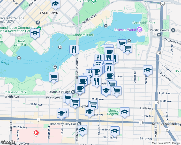 map of restaurants, bars, coffee shops, grocery stores, and more near 312 West 1st Avenue in Vancouver