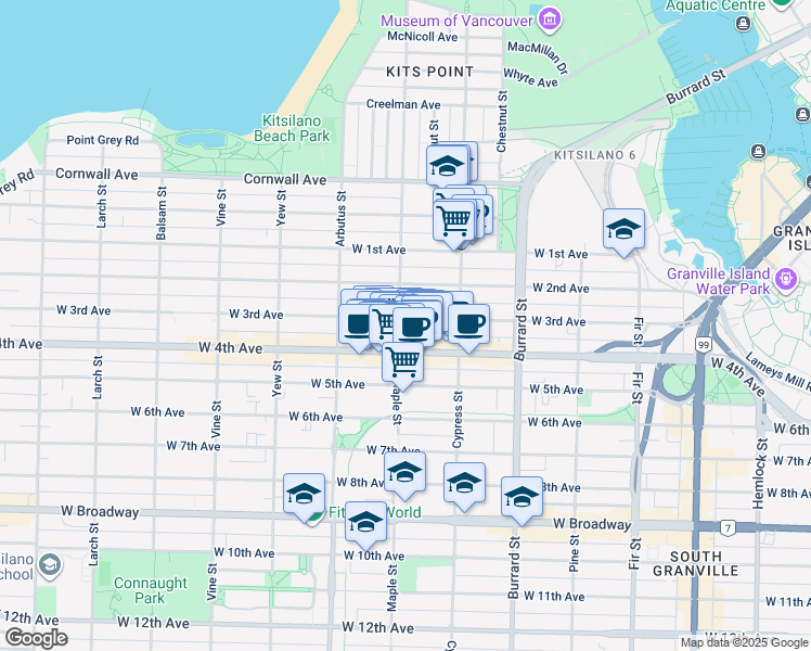 map of restaurants, bars, coffee shops, grocery stores, and more near 1988 Maple Street in Vancouver