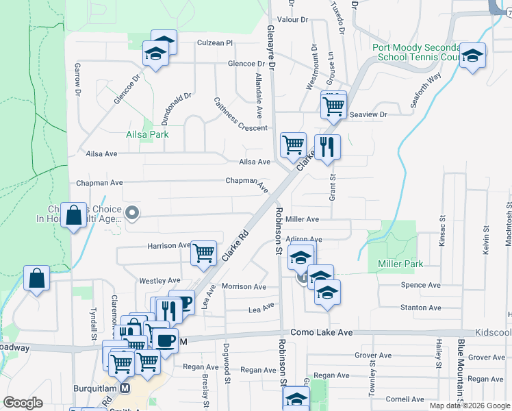 map of restaurants, bars, coffee shops, grocery stores, and more near 751 Clarke Road in Coquitlam