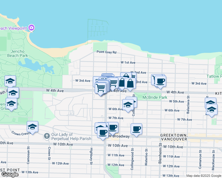 map of restaurants, bars, coffee shops, grocery stores, and more near in Vancouver