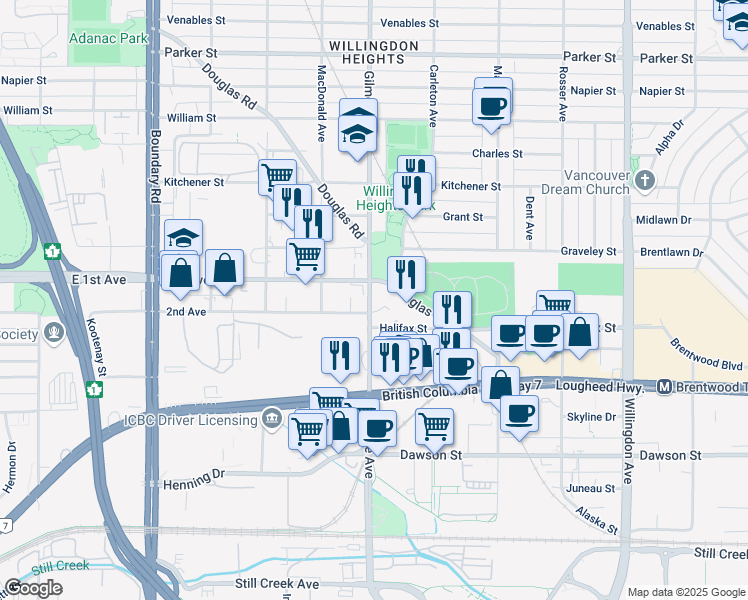 map of restaurants, bars, coffee shops, grocery stores, and more near 1739 Douglas Road in Burnaby
