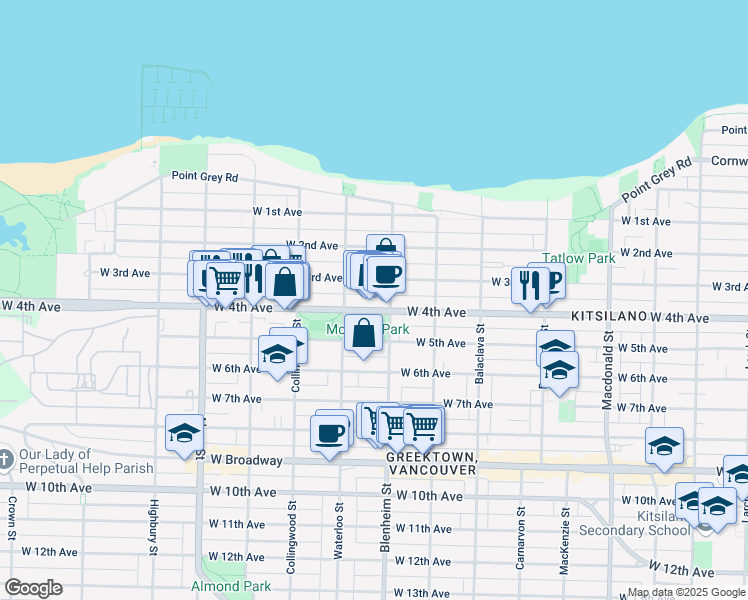 map of restaurants, bars, coffee shops, grocery stores, and more near 3335 West 4th Avenue in Vancouver