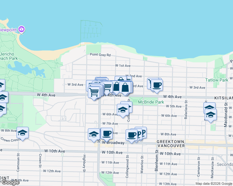 map of restaurants, bars, coffee shops, grocery stores, and more near 1990 Dunbar Street in Vancouver