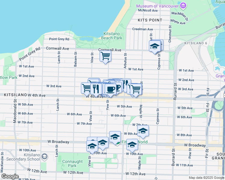 map of restaurants, bars, coffee shops, grocery stores, and more near 2170 West 3rd Avenue in Vancouver