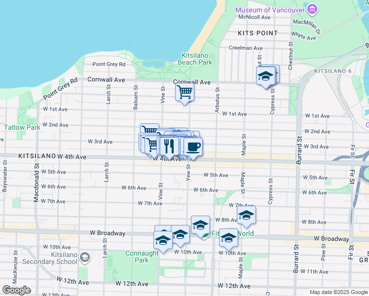 map of restaurants, bars, coffee shops, grocery stores, and more near 2216 West 3rd Avenue in Vancouver
