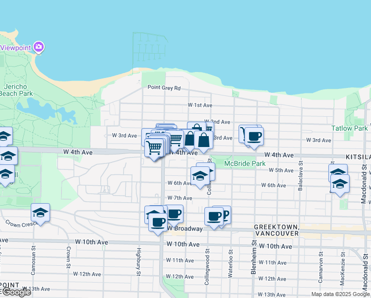 map of restaurants, bars, coffee shops, grocery stores, and more near 1989 Dunbar Street in Vancouver