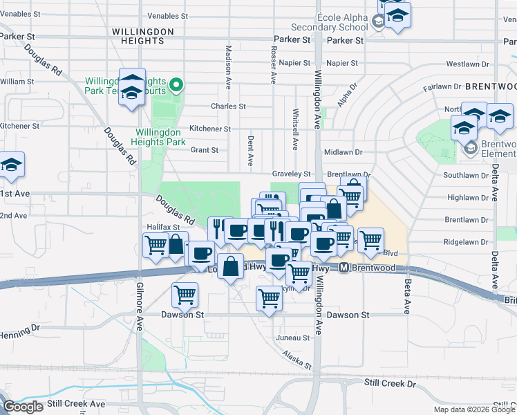 map of restaurants, bars, coffee shops, grocery stores, and more near 4373 Halifax Street in Burnaby