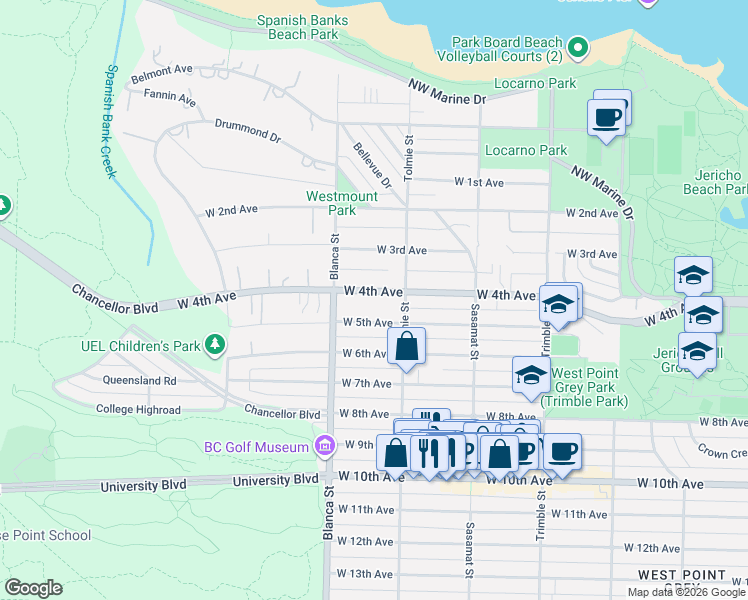 map of restaurants, bars, coffee shops, grocery stores, and more near 4674 West 4th Avenue in Vancouver