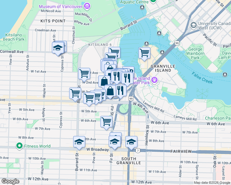 map of restaurants, bars, coffee shops, grocery stores, and more near 1550 West 3rd Avenue in Vancouver