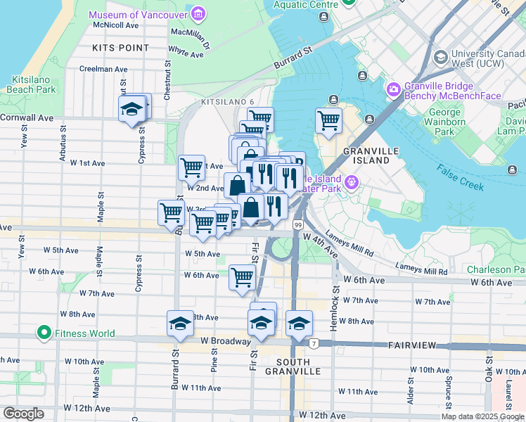 map of restaurants, bars, coffee shops, grocery stores, and more near 1550 West 3rd Avenue in Vancouver