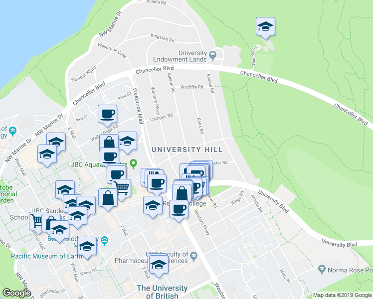 map of restaurants, bars, coffee shops, grocery stores, and more near Allison Road in University Endowment Lands