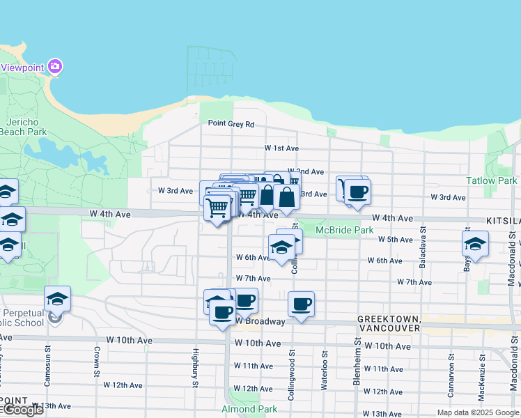 map of restaurants, bars, coffee shops, grocery stores, and more near 1989 Dunbar Street in Vancouver