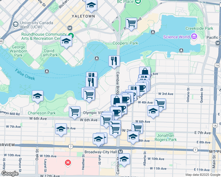 map of restaurants, bars, coffee shops, grocery stores, and more near 1873 Spyglass Place in Vancouver