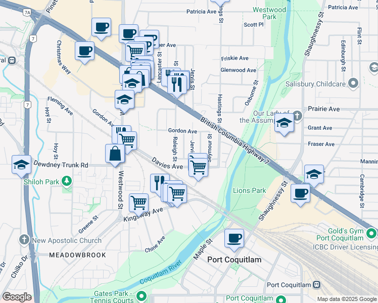 map of restaurants, bars, coffee shops, grocery stores, and more near 3141 Jervis Street in Port Coquitlam