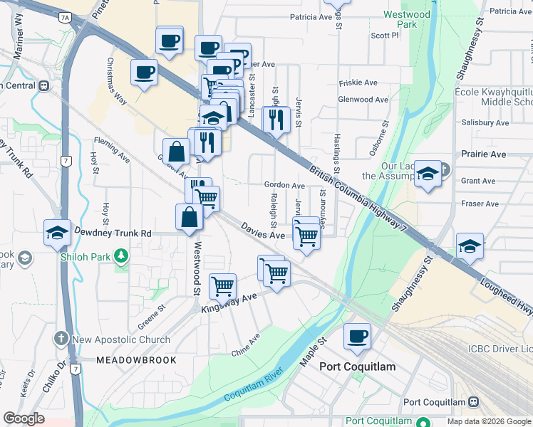 map of restaurants, bars, coffee shops, grocery stores, and more near 3144 Lancaster Place in Port Coquitlam