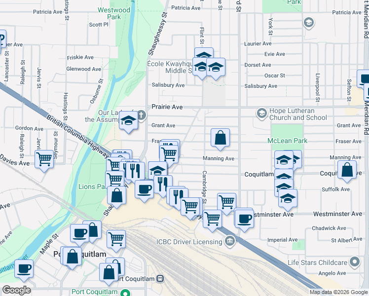 map of restaurants, bars, coffee shops, grocery stores, and more near 3088 Flint Street in Port Coquitlam