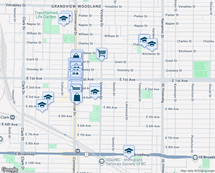 map of restaurants, bars, coffee shops, grocery stores, and more near 1937 East 2nd Avenue in Vancouver