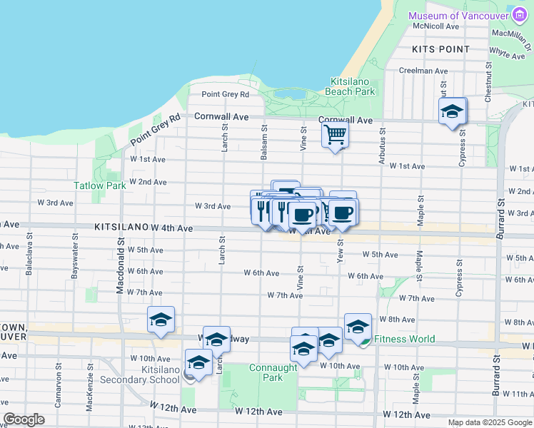 map of restaurants, bars, coffee shops, grocery stores, and more near 1926 Balsam Street in Vancouver