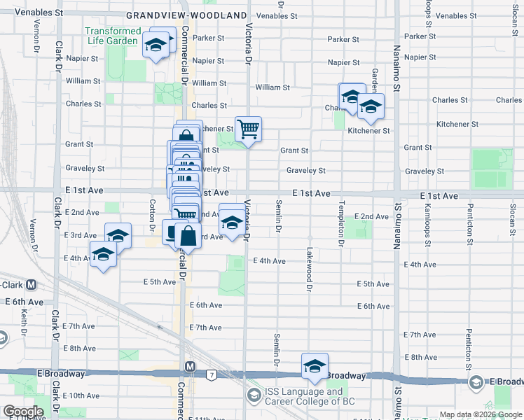 map of restaurants, bars, coffee shops, grocery stores, and more near 1937 East 2nd Avenue in Vancouver