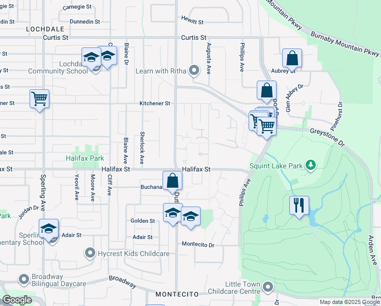 map of restaurants, bars, coffee shops, grocery stores, and more near 7217 Bridlewood Court in Burnaby