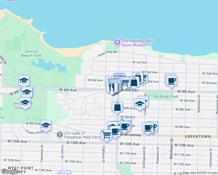 map of restaurants, bars, coffee shops, grocery stores, and more near 3787 West 4th Avenue in Vancouver